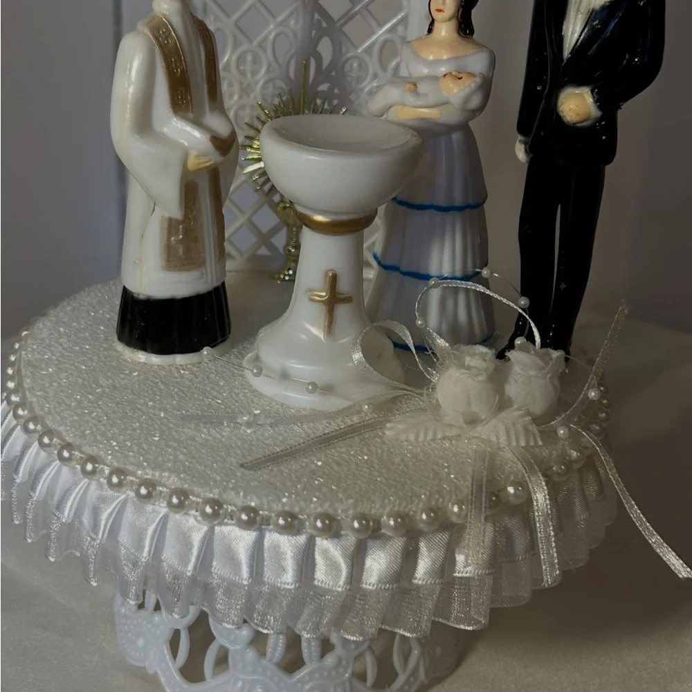 Classic baby boy baptism Topper white with god parents and Priest
